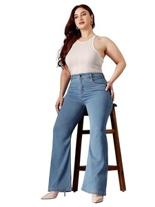 Sexy Mid-Waist Wide-Leg <b>Boot</b> Cut Knee Length Women's Jeans Stretch Denim - Product Image 6