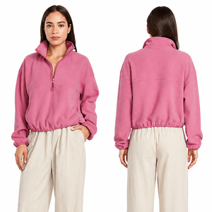 Sudadera rosa de mujer con cremallera de un cuarto, estilo casual, holgada, tipo crop, de forro polar suave, top con media cremallera, moda otoño-invierno - Product Image 1