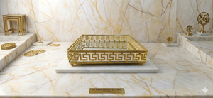 Luxury Handmade Durable Iron Greek Key Gold <b>Mirror</b> Square <b>Tray</b> | Ornate Decorative Serving <b>Tray</b> for Coffee Table | Glass Vanity - Product Image 1