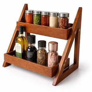 Étagère à épices en bois à 2 niveaux, étagère de rangement pour assaisonnements sur comptoir, organisateur de cuisine pliable - Product Image 5