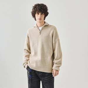 <b>Men's</b> Beige Mandarin Collar Ribbed Knit Cardigan Full Sleeve Solid Color Anti-Pilling Winter Wear - Product Image 5