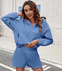 Ensemble décontracté 2 pièces pour femme : sweat-shirt bleu à quart de zip et short – Tenue athleisure estivale assortie – Vente en gros personnalisée - Product Image 4