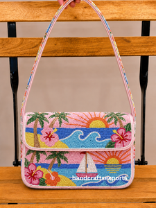 Sac à bandoulière artisanal de luxe personnalisé, motif vague océanique, perles, fermeture magnétique sécurisée, léger, durable, écologique, artisanat - Product Image 4