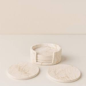 White and Gold Marble <b>Coaster</b> <b>Set</b> of 4 With Chic Holder Handcrafted Design For Elegant Home Decor and Drink Use - Product Image 2