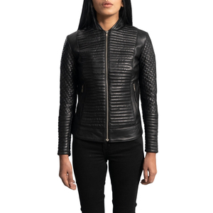 Chaqueta de Motociclista Acolchada de Cuero Genuino Negro para Mujer, Chaqueta de Motociclista con Cuello Alto y Cremallera - Product Image 4