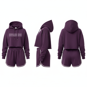 Women <b>Purple</b> Hoodie Tracksuit Set 2 Piece Long Sleeve Letter Print <b>Crop</b> <b>Top</b> Shorts Loose Sporty Outfit - Product Image 1