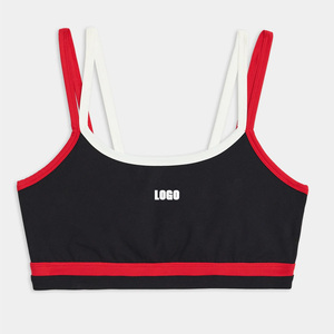 Sujetador deportivo para mujer, azul marino, con ribete en contraste, cuello redondo, tirantes finos, soporte medio, transpirable, top de fitness con logo frontal - Product Image 6