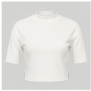 Camiseta Corta para Mujer, Color Marfil, Cuello Alto Simulado, Manga hasta el Codo, Corte Holgado, WTS-0051 - Product Image 1
