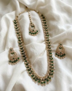 Lucentarts Jewellery Women's Antique Gold Plated Zircon <b>Beaded</b> Long Necklace Earring <b>Set</b> MaangTikka Traditional Wedding Gift - Product Image 1