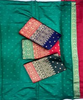 Sari traditionnel en soie rouge modal avec bordure dorée et pallu vert, style Banarasi, pour femmes, idéal pour les fêtes et les mariages, robe ethnique indienne