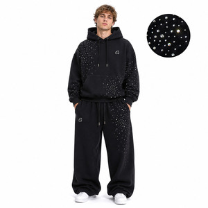 Ensembles de sweats à capuche noirs Y2K scintillants avec strass, personnalisés, en molleton épais 100% coton, pantalons de survêtement amples et surdimensionnés, sweats à capuche carrés, vente en gros - Product Image 1