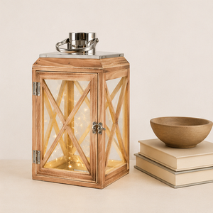 Farol de Madera Rústico Hecho a Mano con Tapa de Acero Inoxidable y Paneles de Vidrio, Farol Decorativo Vintage para Interiores - Product Image 2