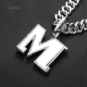 Custom <b>Initial</b> M <b>Pendant</b> with Hand Set Baguette Moissanite – Fully Iced Daisy M Letter <b>Pendant</b> in 925 Sterling <b>Silver</b> - Product Image 4