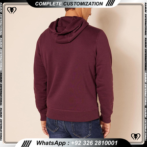 Sweat-shirt à capuche pour homme, couleur bordeaux, coupe classique, couleur unie, style décontracté, automne, coton tricoté, pull avec poche - Product Image 2