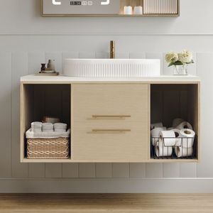 Mobile Bagno Moderno da Parete 99,75 cm con Lavabo Ovale in Ceramica, Mobile Sospeso in Legno Massello Multistrato con Cassetti a Chiusura Ammortizzata - Product Image 1