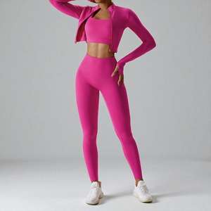 Ensemble de vêtements de sport pour femmes de qualité supérieure, respirant, à séchage rapide, uni, 3 pièces, manches longues, ensemble de yoga assorti - Product Image 2