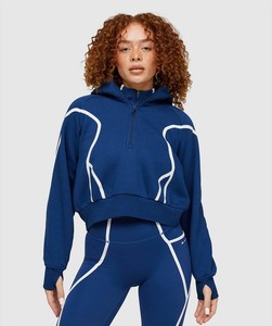 Blue Hooded <b>Quarter</b> <b>Zip</b> Crop Sweatshirt <b>White</b> Piping Regular Fit Unisex Autumn Wear Knitted 100% Cotton Fleece Lined Pocket - Product Image 1
