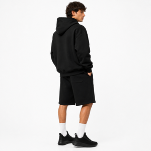 Men's Black Hoodie And Shorts <b>Set</b> Solid Color Fleece Casual Wear Summer Outfit <b>Knitted</b> Fabric Hooded Sweatshirt With Kangaroo - Product Image 6