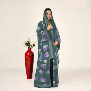 Abaya de Chifón con Estampado Floral, Pañuelo para la Cabeza Coordinado, Largo hasta el Suelo, Mangas Largas, Cuello Chal - Ropa Islámica Modesta para Oración para Mujeres - Product Image 4