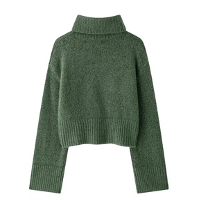 Suéter de punto verde suave para mujer, cuello alto, manga larga, adornos acanalados, estilo informal transpirable para otoño e invierno, jerséis cálidos - Product Image 6