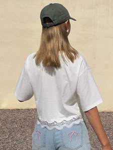 Summer Casual <b>White</b> Hollow Out Lace Patchwork Cropped T-Shirt Oversized Cotton <b>Tee</b> Short Sleeve Round Neck Tops Women's Shirts - Product Image 2