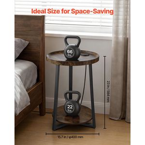 Modern 2-Tier <b>Round</b> <b>Side</b> <b>Table</b> End Nightstand with Open Storage Shelves AC USB Charging Port Wood Finish Bedside Desk - Product Image 3