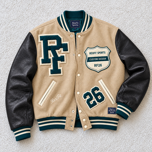 Veste Letterman personnalisée unisexe, corps texturé, manches en similicuir, patch monogramme surélevé, col côtelé, étiquette personnalisée, veste de baseball - Product Image 1