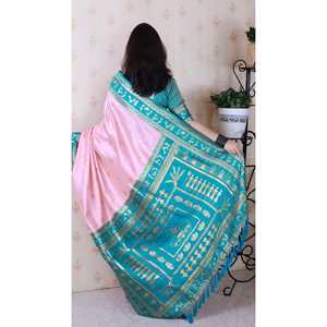 Sari Tradicional de Seda Suave Rosa Bebé con Bordado Zari, Arte Warli, Ropa India y Pakistaní - Product Image 4