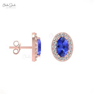 Prix d'usine Boucles d'oreilles clous ovales 5x3mm en tanzanite avec halo en or massif 14 carats et diamants, fermeture à bouton-poussoir, fournisseur en gros - Product Image 2