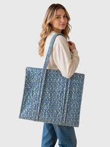 Bolso de mano bohemio de lona con estampado de hojas azules, bolso grande de hombro abierto para mujer, para compras - Product Image 1