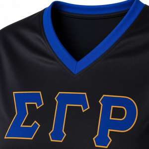 เสื้อเบสบอลลายทางสีดำ Sigma Gamma Rho สำหรับผู้หญิง คอวี แขนสั้น สีน้ำเงินทอง เสื้อผ้าชมรมกรีก ชุดกีฬา - Product Image 6