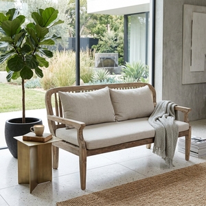 Premium wooden kaliandra double <b>sofa</b> minimalist solid teak <b>wood</b> living room two seater couch natural cream cushion seating unit - Product Image 5