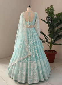 SKY BLUE Embroidered Lehenga Set V Neck Crop <b>Top</b> A Line Floor Length <b>Net</b> Dress With Dupatta for WEDDING - Product Image 2