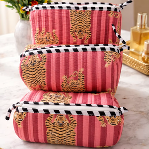 Tiger Red Stipel Block Printed Durable Cotton Zipper <b>Makeup</b> <b>Case</b> Indian Pouches Travel Cosmetic Practical - Product Image 1