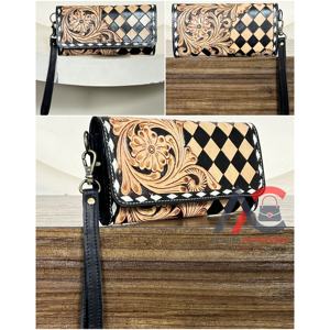 Portefeuille long pour femme en cuir de vachette fait main, motif à carreaux bohème vintage, avec dragonne, design floral western - Product Image 1
