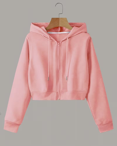 Women's Pink Regular Hooded Zipper Sweatshirt Solid Color Long Sleeve Fleece Breathable Eco-Friendly Winter Wear - Product Image 1