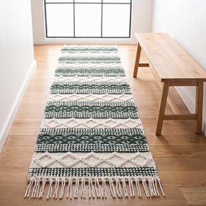 Boho Wool Cotton Runner Rug with Green Tribal Stripe Pattern for Hallway, Entryway & Modern Interiors - Product Image 1