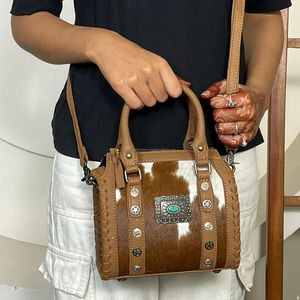 New Customized Hand <b>Tooled</b> <b>Leather</b> Ladies Speedy Bag Cowhide <b>Leather</b> Turquoise Concho Small Compact Crossbody Duffle for Women's - Product Image 4