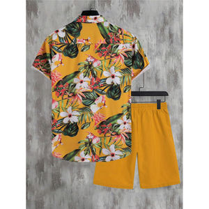 Chemise boutonnée à manches courtes pour hommes, motif floral tropical jaune, short assorti, ensemble 2 pièces, tenue de plage hawaïenne décontractée - Product Image 3