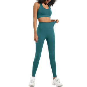 Seamless Yoga <b>Set</b> 2 Piece High Waist Crop Top & Full Length Leggings Solid Color Racerback Sport Wear for Women - Product Image 1