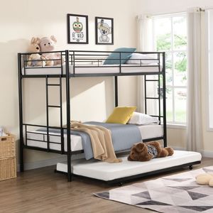 Letto a Castello in Metallo Nero con Letto Estraibile per Bambini - Product Image 1