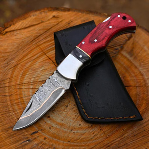 Premium Handmade Damascus Steel Folding Pocket Knife Pakka Wood Handle Straight Edge <b>Lock</b> Mechanism OEM Camping Outdoor 58HRC - Product Image 4