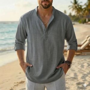Camisa Henley de Lino de Alta Calidad para Hombre, Estilo Casual de Playa para Verano, Manga Larga - Product Image 3