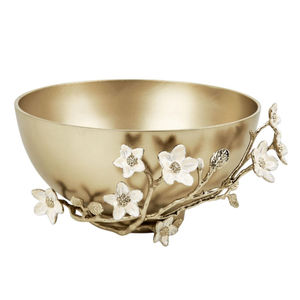 Bol décoratif de mariage en métal doré fait main avec motif floral, moderne, écologique, compatible lave-vaisselle, avec base sur pied - Product Image 1