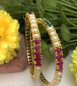 Radiant Premium Quality Ethnic Brass <b>Gold</b> Plated Moissanite and Real Pearls Two <b>Set</b> <b>Bangles</b> for Wedding/Functions Wear Women - Product Image 4