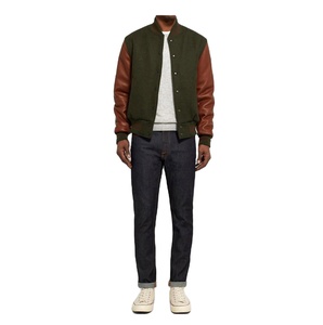Veste de sport verte pour homme avec manches en cuir marron, col montant, fermeture à boutons, vêtement décontracté pour l'automne - Product Image 1