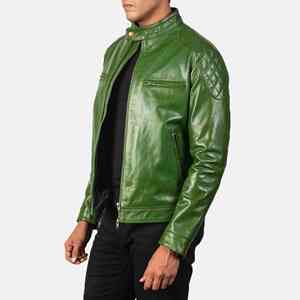 Veste de motard en cuir véritable de mouton vert pour homme avec fermeture éclair, doublure en viscose matelassée et poches intérieures et extérieures. - Product Image 3