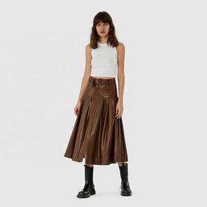 OEM 2026 Autumn Vintage Belt Flared Umbrella Brown Leather Long Skirts for Women - Product Image 5