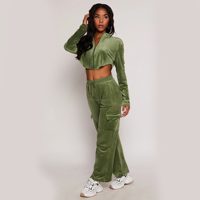 Ensemble pantalon cargo ample et veste courte zippée en velours vintage brodé, couleur unie, décontracté, écologique, pour femme, vente en gros