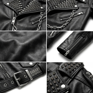 Custom Wholesale Mens Heavy Studded Calf Hair On Hide Genuine Leather <b>Jacket</b> Manufacturing <b>Biker</b> Punk Spikes Outerwear Supplier - Product Image 6